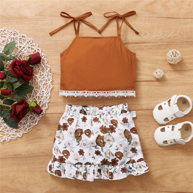 Toddler Girls Lace Button Sling Top & Floral Skirt Supplierstraditional baby clothes wholesale - PrettyKid