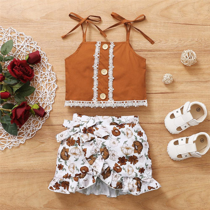 Toddler Girls Lace Button Sling Top & Floral Skirt Supplierstraditional baby clothes wholesale - PrettyKid