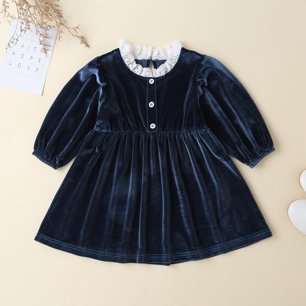 Baby Girls Lace Button Solid Long Sleeve Dresses - PrettyKid