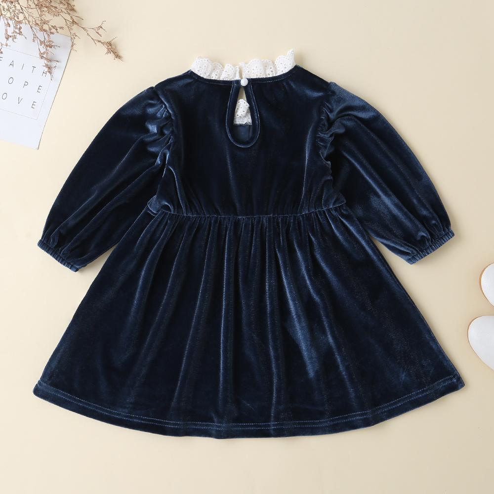 Baby Girls Lace Button Solid Long Sleeve Dresses - PrettyKid