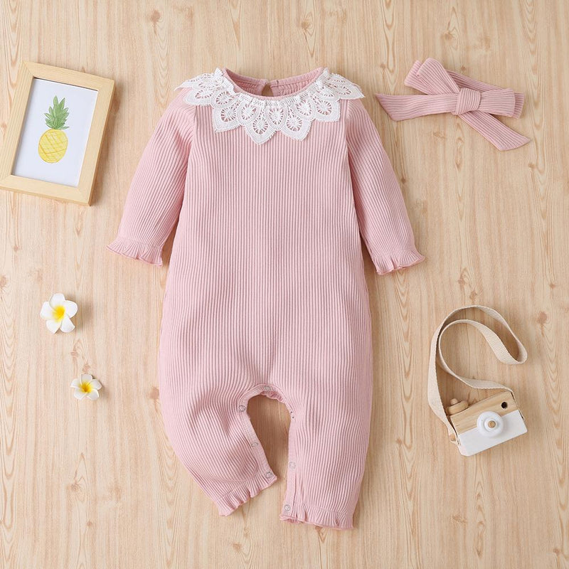 Baby Girls Lace Collar Solid Casual Long Sleeve Romper & Headband - PrettyKid