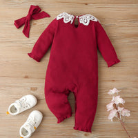 Baby Girls Lace Collar Solid Casual Long Sleeve Romper & Headband - PrettyKid