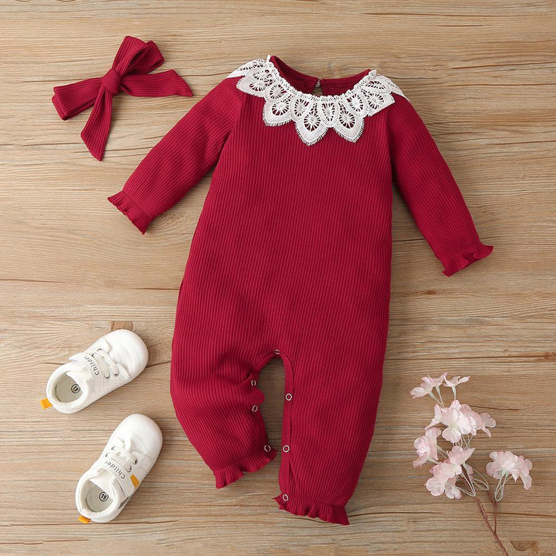 Baby Girls Lace Collar Solid Casual Long Sleeve Romper & Headband - PrettyKid