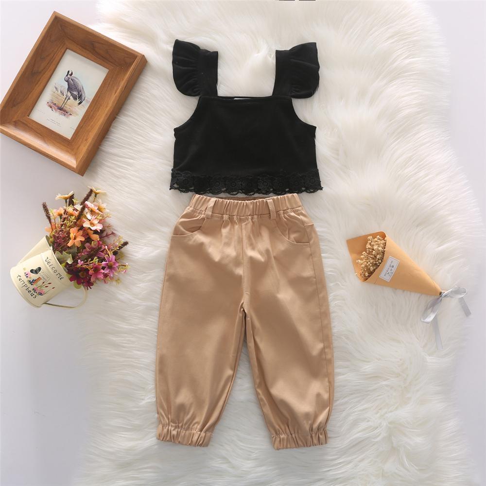 Girls Lace Flying Sleeve Solid Color Top & Trousers Trendy Kids Wholesale clothes - PrettyKid