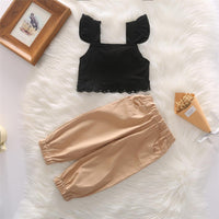 Girls Lace Flying Sleeve Solid Color Top & Trousers Trendy Kids Wholesale clothes - PrettyKid