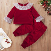 Baby Girls Lace Long Sleeve Red Top & Pants Wholesale Baby Cloths - PrettyKid