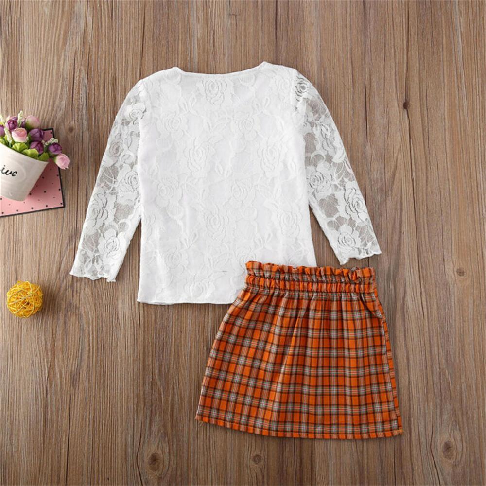 Toddler Girl Lace Long Sleeve Top & Plaid Skirt Girls Wholesale Clothes - PrettyKid
