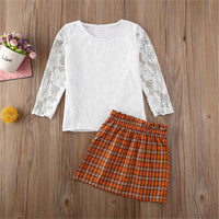 Toddler Girl Lace Long Sleeve Top & Plaid Skirt Girls Wholesale Clothes - PrettyKid