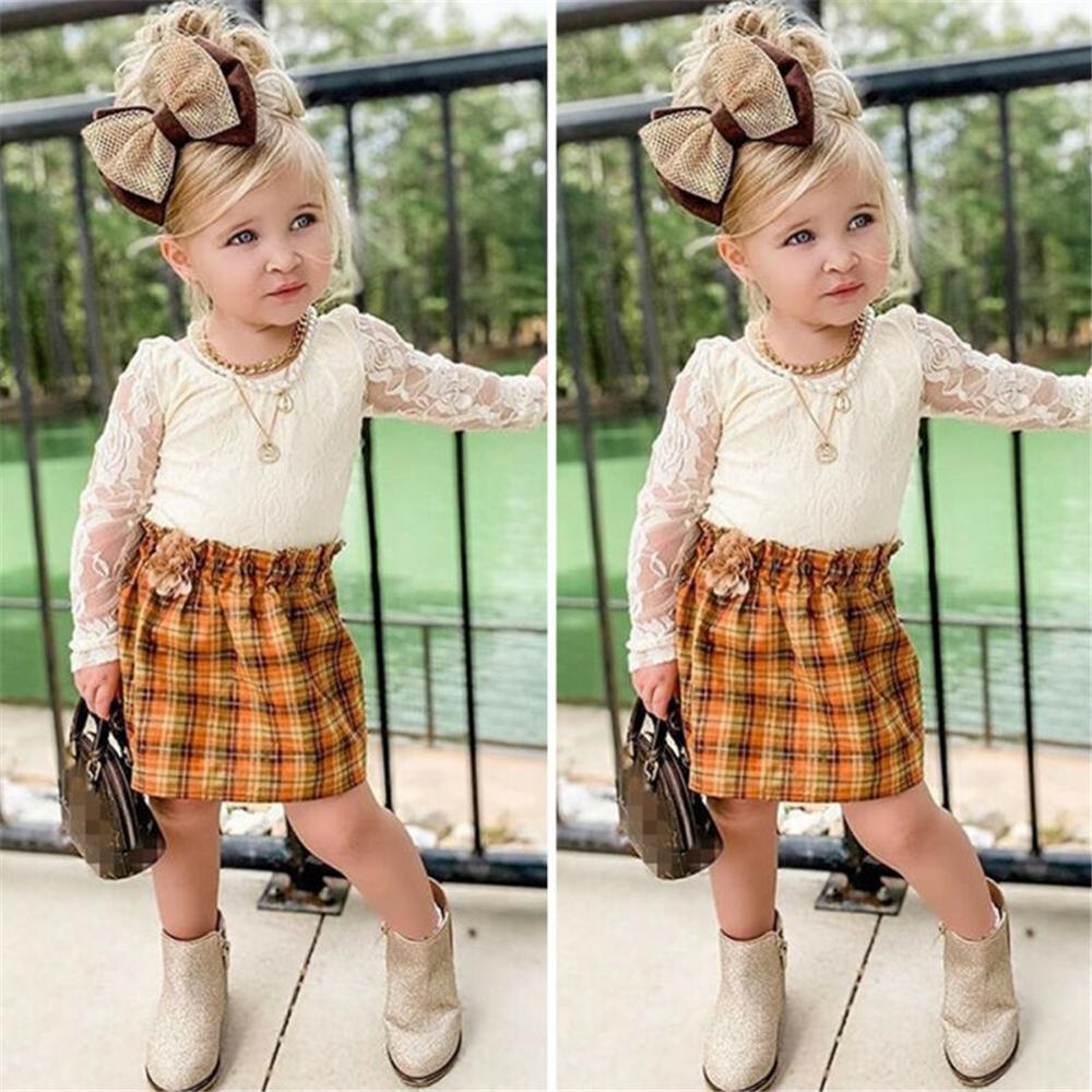 Toddler Girl Lace Long Sleeve Top & Plaid Skirt Girls Wholesale Clothes - PrettyKid