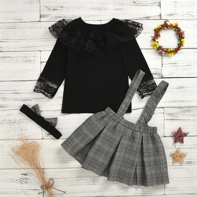 Girls Lace Long Sleeve Tops & Plaid Suspender Skirts & Headband - PrettyKid
