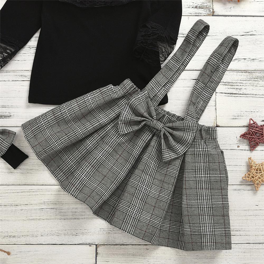 Girls Lace Long Sleeve Tops & Plaid Suspender Skirts & Headband - PrettyKid