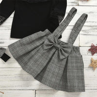 Girls Lace Long Sleeve Tops & Plaid Suspender Skirts & Headband - PrettyKid