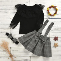 Girls Lace Long Sleeve Tops & Plaid Suspender Skirts & Headband - PrettyKid