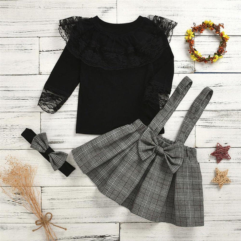 Girls Lace Long Sleeve Tops & Plaid Suspender Skirts & Headband - PrettyKid
