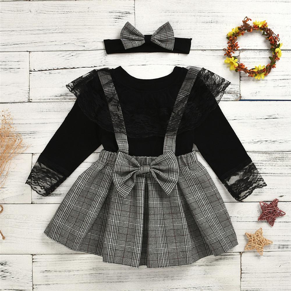 Girls Lace Long Sleeve Tops & Plaid Suspender Skirts & Headband - PrettyKid