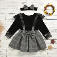 Girls Lace Long Sleeve Tops & Plaid Suspender Skirts & Headband - PrettyKid