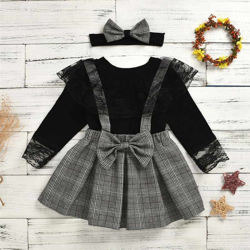 Girls Lace Long Sleeve Tops & Plaid Suspender Skirts & Headband - PrettyKid