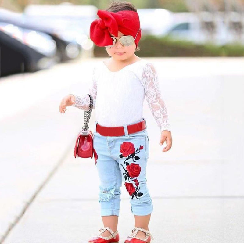 Girls Lace Long Sleeve Tops & Ripped Rose Embroidered Jeans - PrettyKid