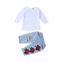 Girls Lace Long Sleeve Tops & Ripped Rose Embroidered Jeans - PrettyKid