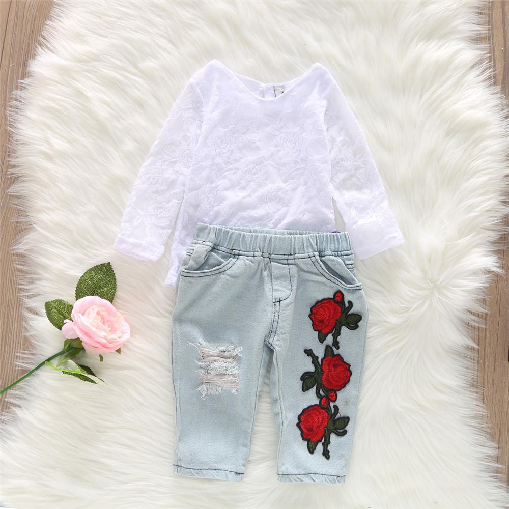 Girls Lace Long Sleeve Tops & Ripped Rose Embroidered Jeans - PrettyKid