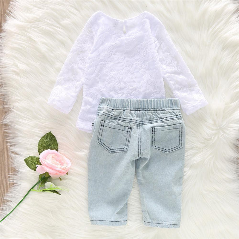 Girls Lace Long Sleeve Tops & Ripped Rose Embroidered Jeans - PrettyKid