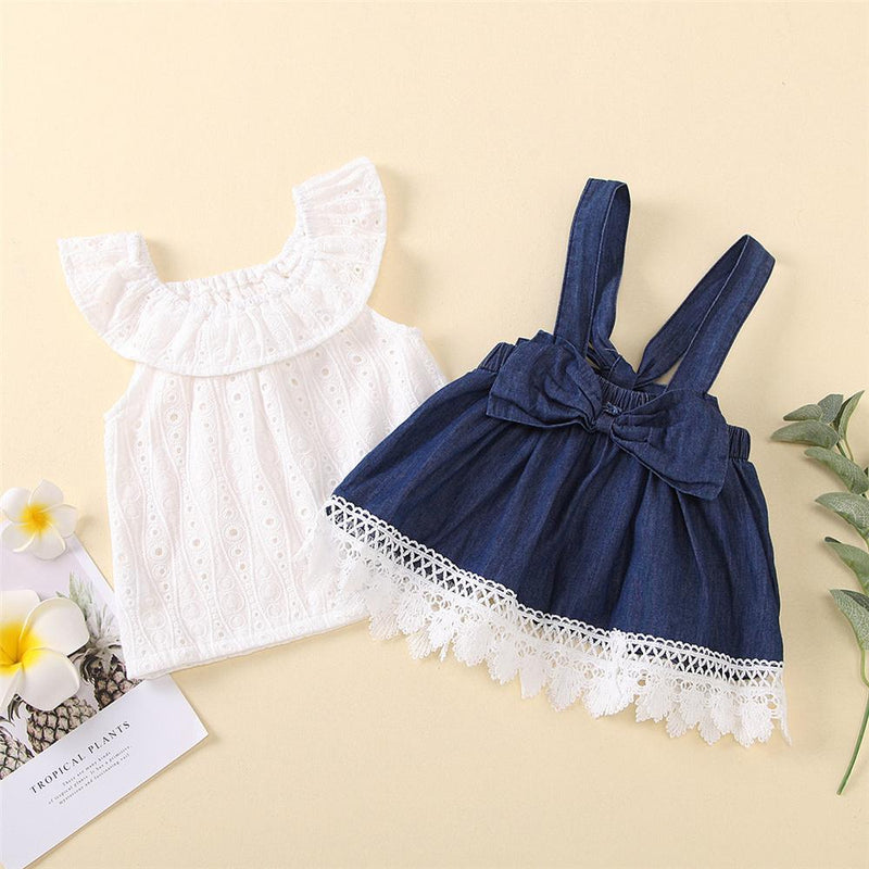 Baby Girls Lace Lotus Leaf Collar Top & Suspender Skirt Baby Wholesale vendors - PrettyKid