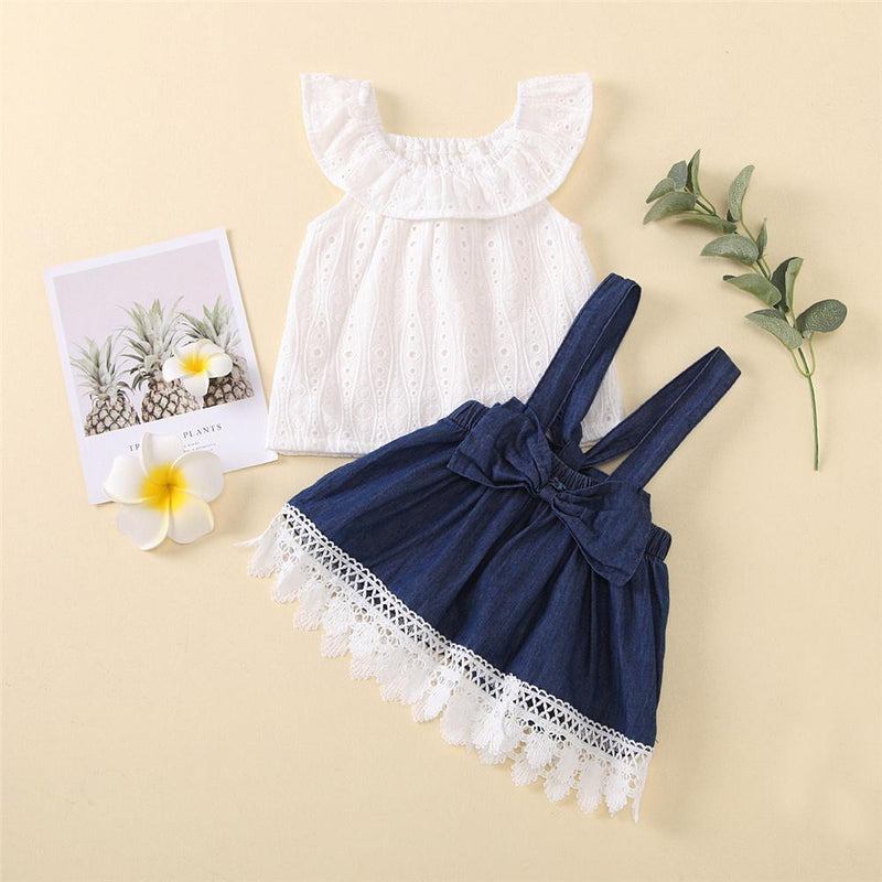 Baby Girls Lace Lotus Leaf Collar Top & Suspender Skirt Baby Wholesale vendors - PrettyKid