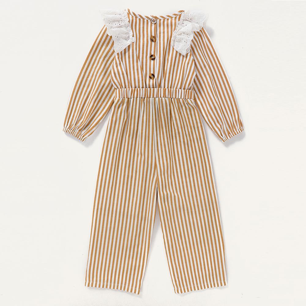 Girls Lace Ruffled Striped Long Sleeve Jumpsuit Trendy Kids Wholesale Clothing - PrettyKid
