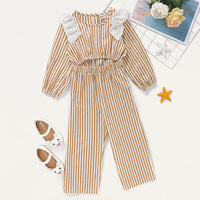 Girls Lace Ruffled Striped Long Sleeve Jumpsuit Trendy Kids Wholesale Clothing - PrettyKid