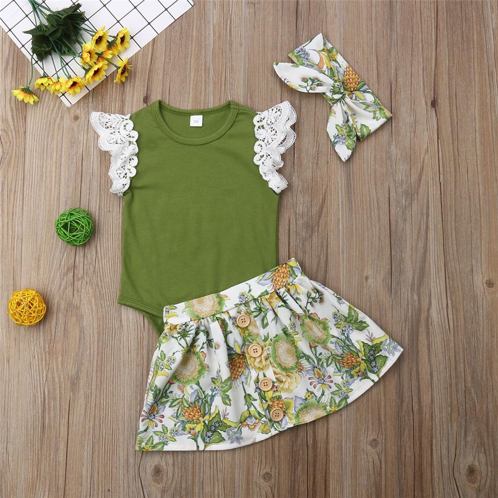 Baby Girls Lace Short Sleeve Romper & Floral Printed Skirt & Headband Baby Clothes Wholesale Suppliers - PrettyKid