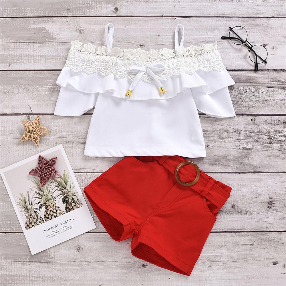Girls Lace Short Sleeve Sling Top & Red Shorts Wholesale Girl Boutique clothes - PrettyKid