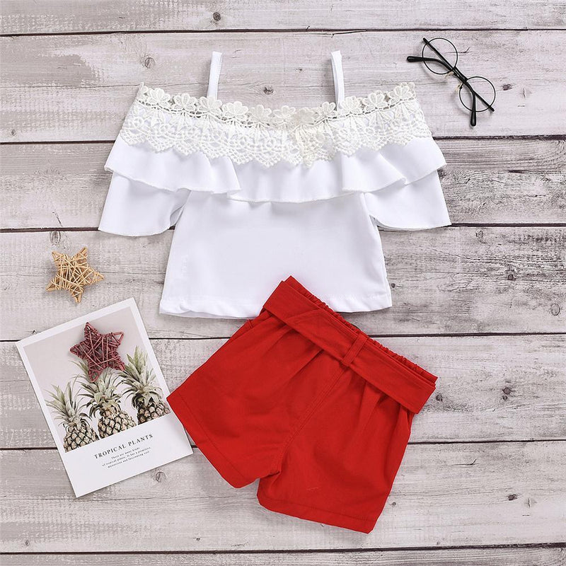 Girls Lace Short Sleeve Sling Top & Red Shorts Wholesale Girl Boutique clothes - PrettyKid