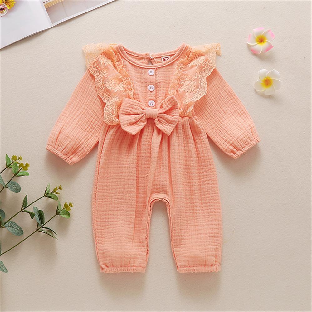 Baby Girls Lace Solid Color Long Sleeve Bow Romper Wholesale Baby Outfits - PrettyKid