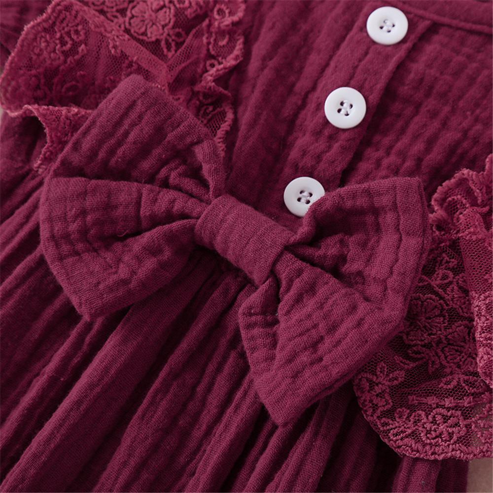 Baby Girls Lace Solid Color Long Sleeve Bow Romper Wholesale Baby Outfits - PrettyKid