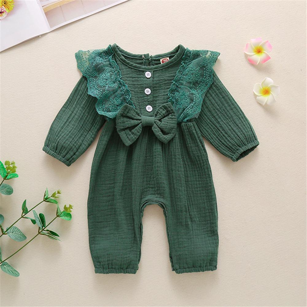 Baby Girls Lace Solid Color Long Sleeve Bow Romper Wholesale Baby Outfits - PrettyKid