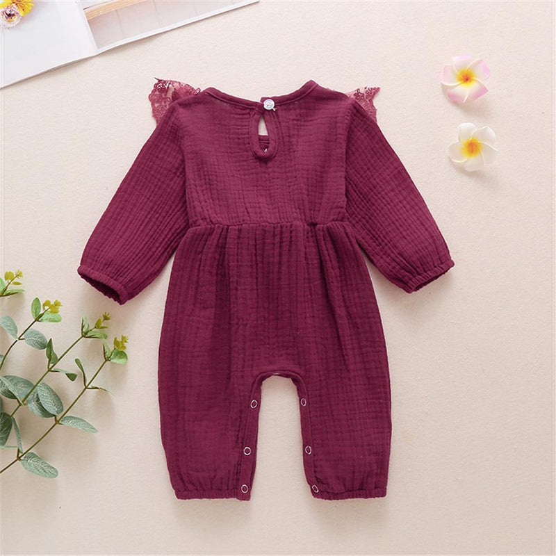 Baby Girls Lace Solid Color Long Sleeve Bow Romper Wholesale Baby Outfits - PrettyKid