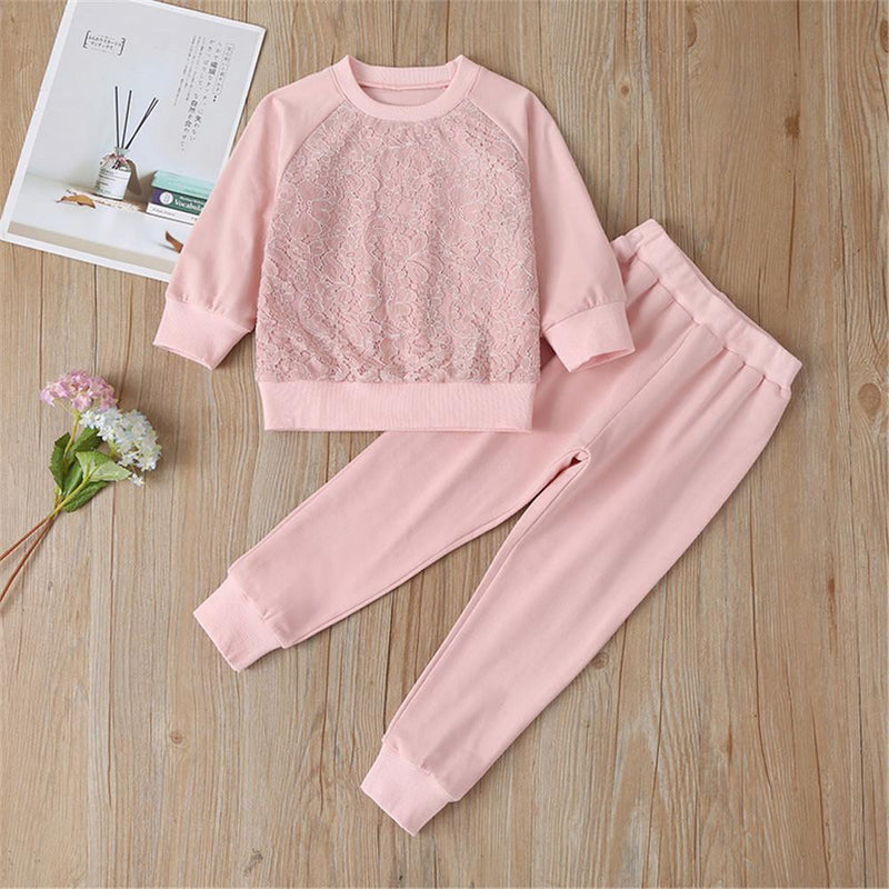 Girls Lace Solid Long-sleeve Casual Top & Pants - PrettyKid