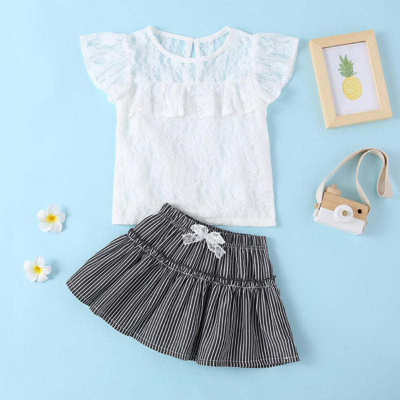 Girls Lace Summer Top & Bow Striped Skirt Girls clothes Wholesale - PrettyKid