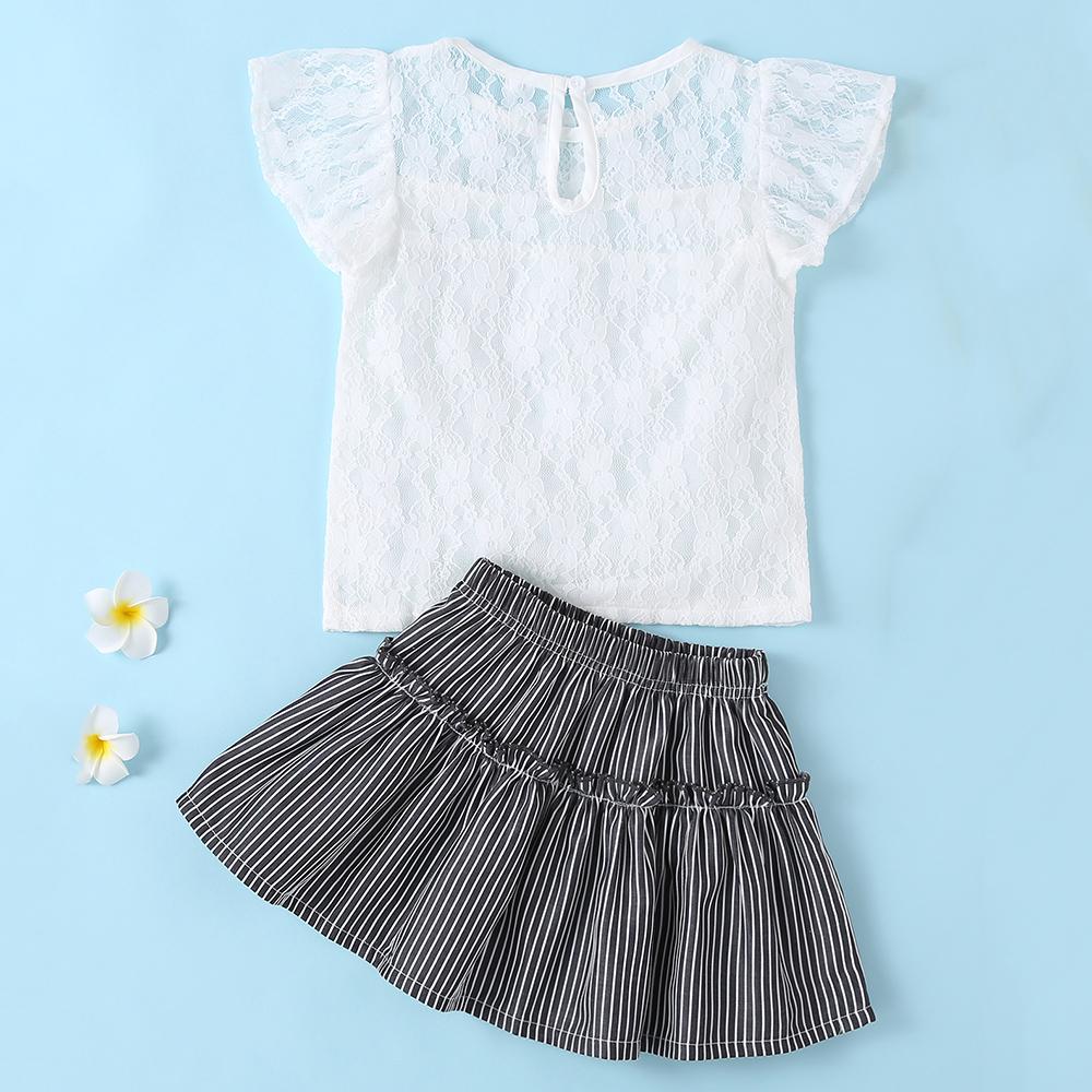 Girls Lace Summer Top & Bow Striped Skirt Girls clothes Wholesale - PrettyKid