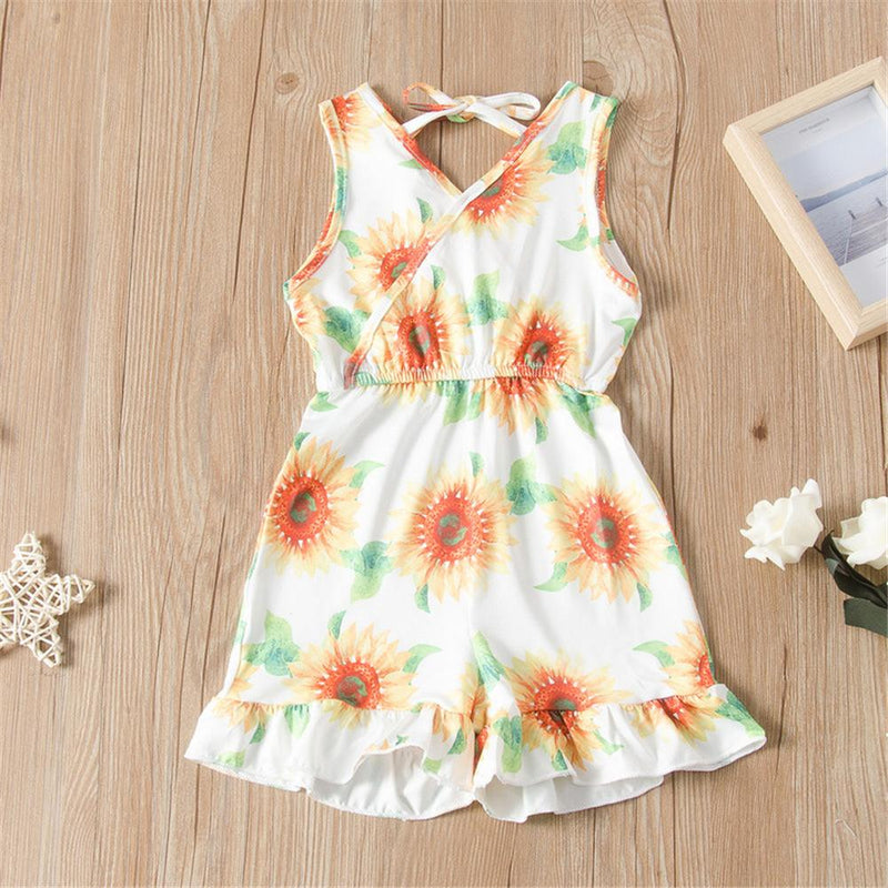 Girls Lace Up Floral Printed Sleeveless Jumpsuit Bulk Childrens clothing - PrettyKid