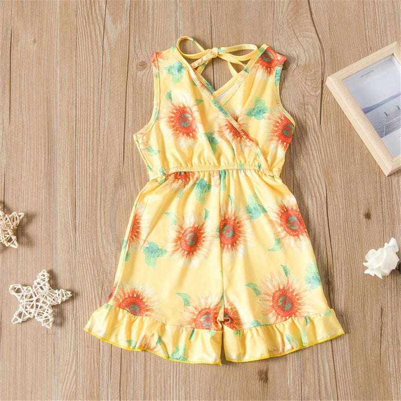 Girls Lace Up Floral Printed Sleeveless Jumpsuit Bulk Childrens clothing - PrettyKid
