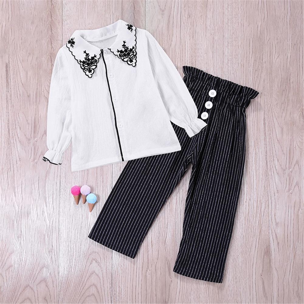 Toddler Girls Lapel Button Long Sleeve Blouse & Stripe Bulk Baby Girl Clothes - PrettyKid