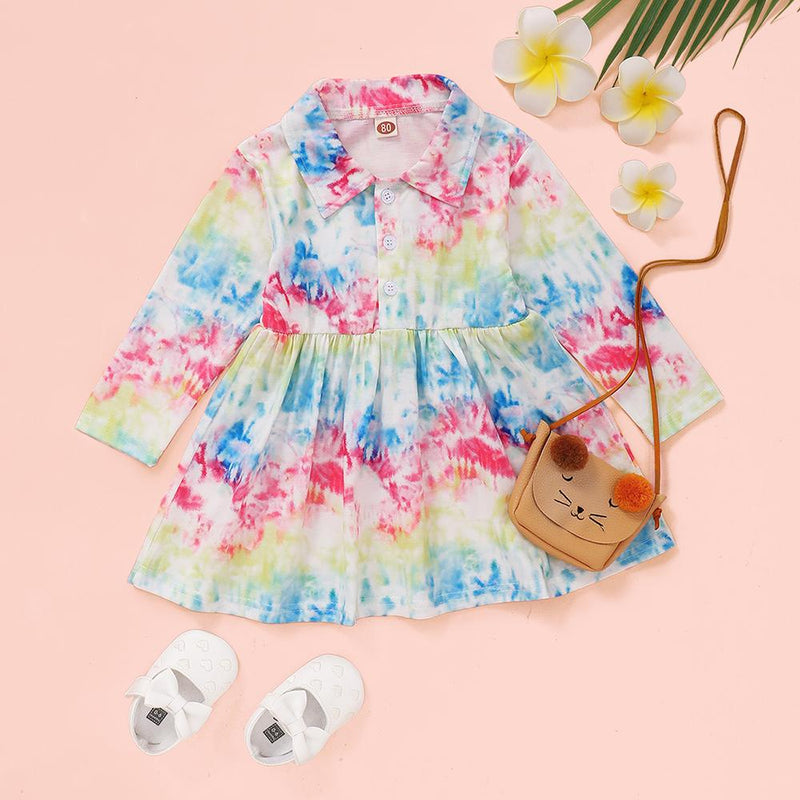 Baby Girls Lapel Button Tie Dye Long Sleeve Dress Cheap Baby Clothes In Bulk - PrettyKid