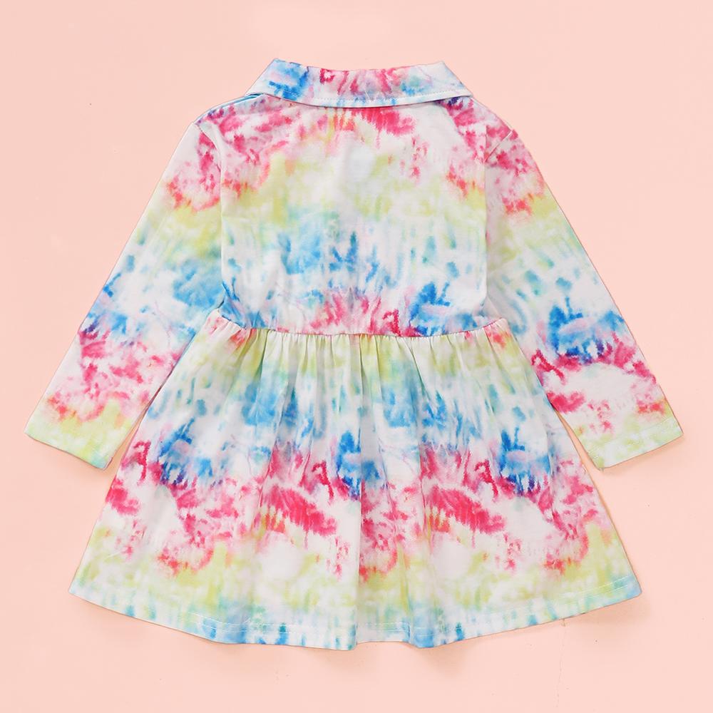 Baby Girls Lapel Button Tie Dye Long Sleeve Dress Cheap Baby Clothes In Bulk - PrettyKid