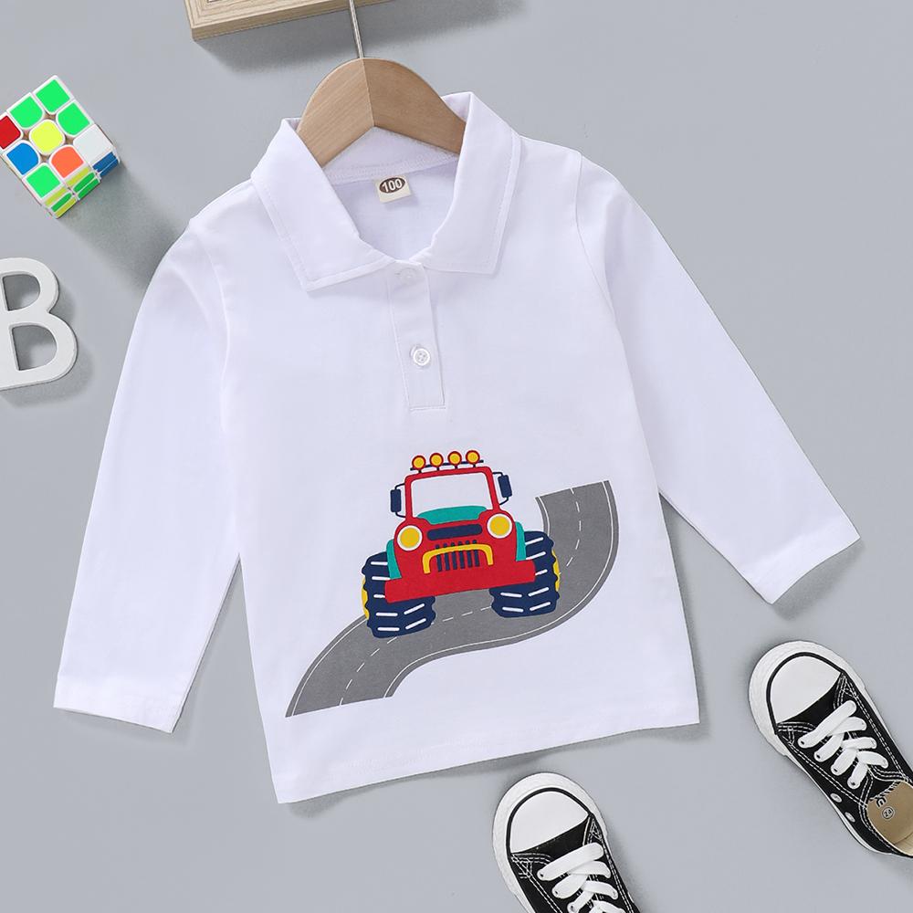 Boys Lapel Cartoon Car Printed Long Sleeve Top Wholesale Childrens Clothing - PrettyKid