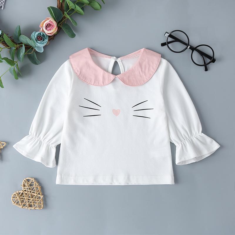 Baby Girls Cute Lapel Cat Print Tops & Suspender Skirt - PrettyKid