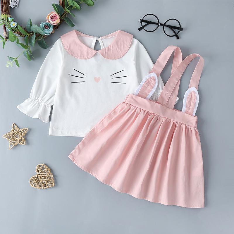 Baby Girls Cute Lapel Cat Print Tops & Suspender Skirt - PrettyKid
