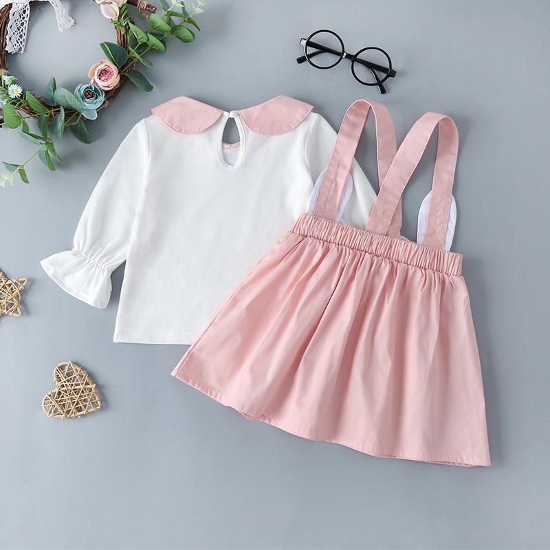 Baby Girls Cute Lapel Cat Print Tops & Suspender Skirt - PrettyKid