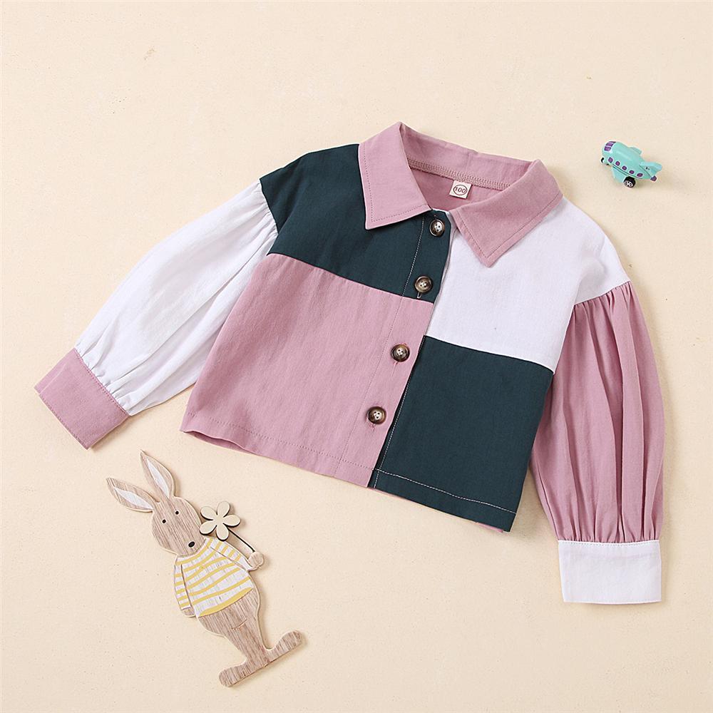 Girls Lapel Geometric Stitching Contrast Long Sleeve Cotton Blouse Kids Wholesale Clothing - PrettyKid