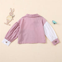 Girls Lapel Geometric Stitching Contrast Long Sleeve Cotton Blouse Kids Wholesale Clothing - PrettyKid